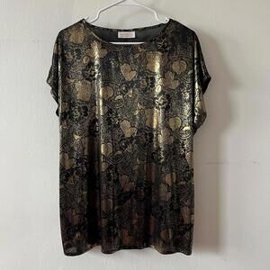 Vintage Roaman’s Metallic Floral Blouse Black Gold Oversized Top
